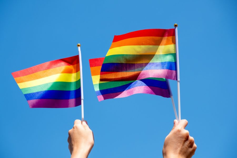 People holding and waving LGBT pride flags with blue sky background